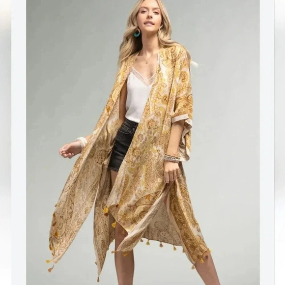 New! Boho Print Kimono Wrap Coverup Tassel Trim Mustard - Picture 1 of 3
